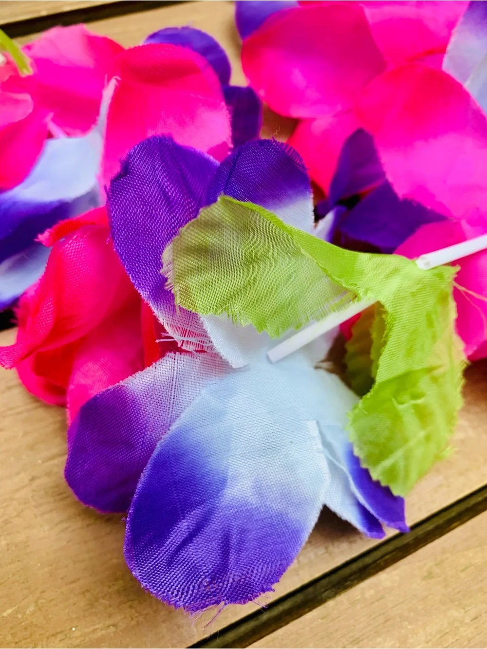 Vibrant Pink & Blue Tropical Flower Lei necklace with Yellow bracket style lei